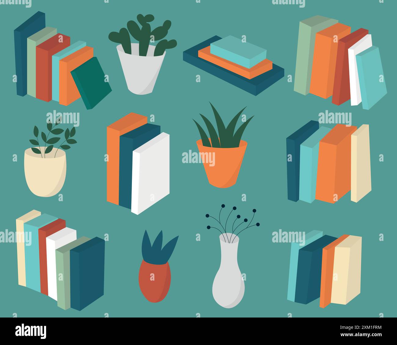 Set von Büchern und Zimmerpflanzen in flachem Stil Vektor Stock Vektor