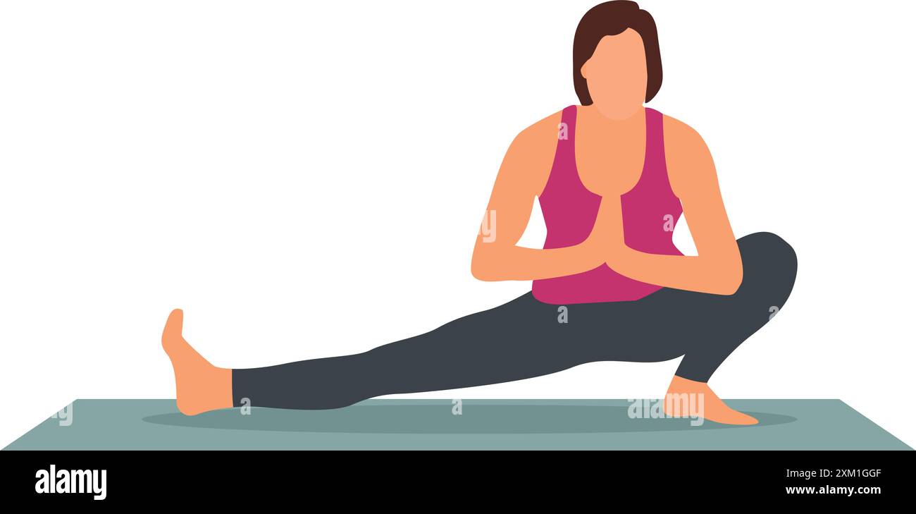 Vektor-Illustration der jungen Frau, die Yoga-Anjaneyasana-Variationen übt, die auf einem Bein-Workout sitzen. Stock Vektor