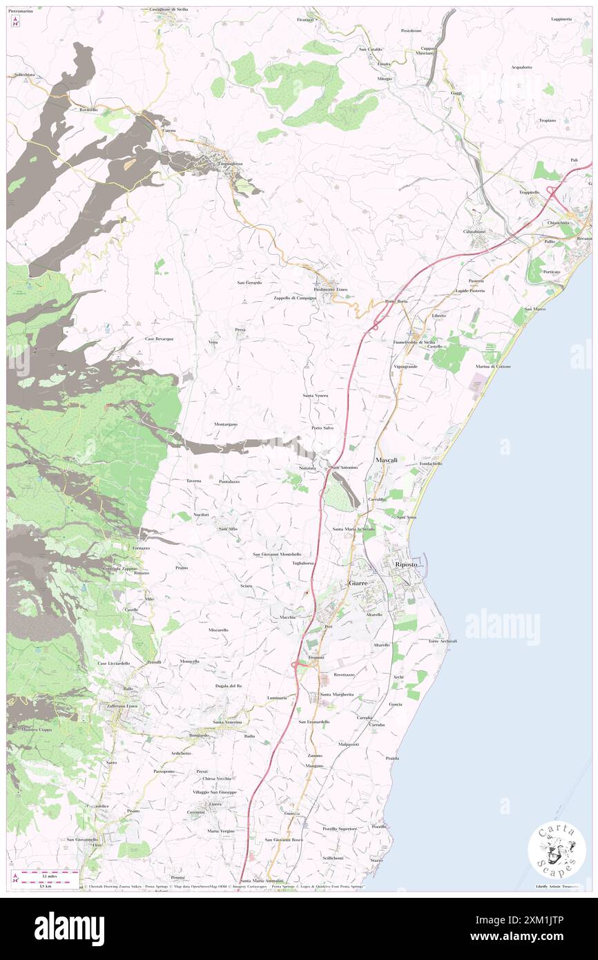 Mascali, Catania, IT, Italien, Sizilien, n 37 45' 50'', N 15 11' 38'', Karte, Cartascapes Map, veröffentlicht 2024. Erkunden Sie Cartascapes, eine Karte, die die vielfältigen Landschaften, Kulturen und Ökosysteme der Erde enthüllt. Reisen Sie durch Zeit und Raum und entdecken Sie die Verflechtungen der Vergangenheit, Gegenwart und Zukunft unseres Planeten. Stockfoto