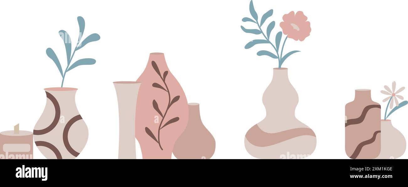 Minimalistische Illustration mit Blumen und Pflanzen in Vasen auf weißem Hintergrund. Moderne Einrichtung in Pastelltönen, Vektorgrafiken Stock Vektor