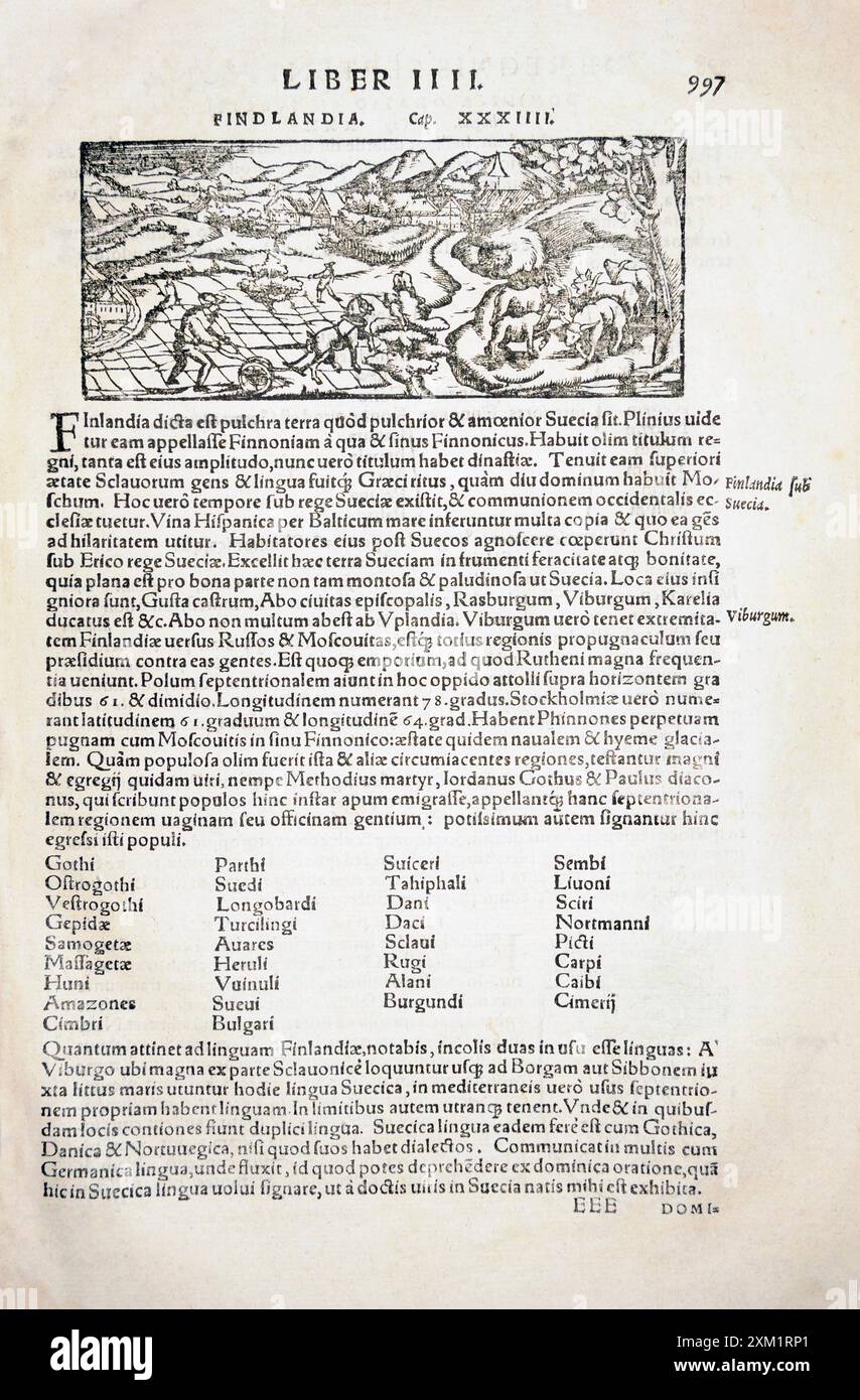 Der fließende Holzschnitt ist das erste Bild, das jemals in Finnland veröffentlicht wurde. Ein deutscher Katrograf Sebastian Münster (1488–1552) machte eine der meisten Popula Stockfoto