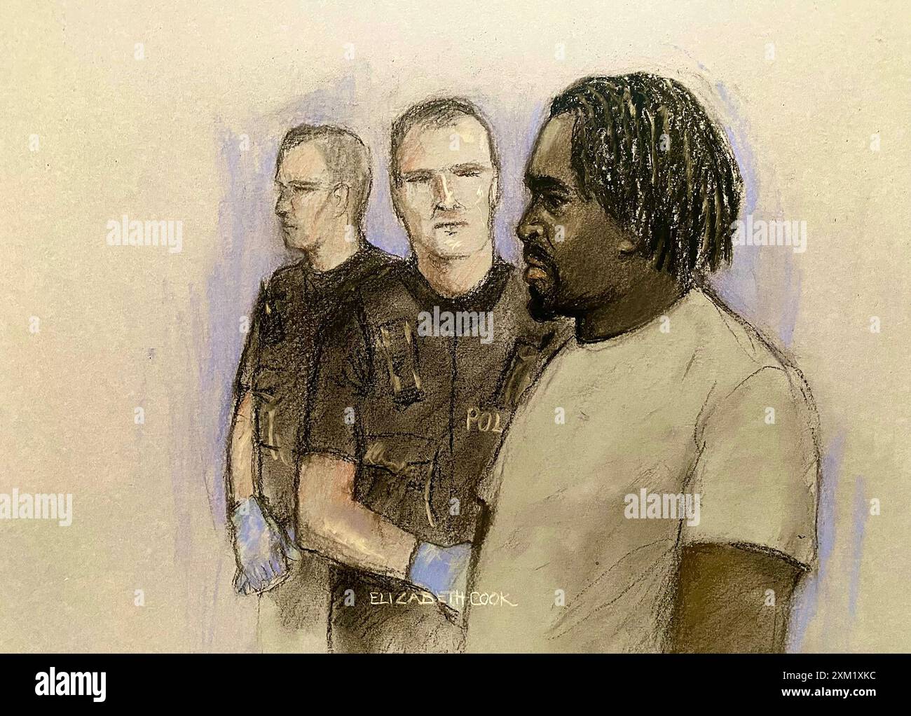 Die Zeichnung von Elizabeth Cook aus Anthony Esan, 24, erscheint am Medway Magistrates' Court in Chatham, Kent, wo er wegen versuchten Mordes an Oberstleutnant Mark Teeton am Dienstag Abend in der Nähe der Brompton Barracks angeklagt wird. das Hauptquartier des 1. Royal School of Military Engineering Regiment der britischen Armee. Esan, der in der Nähe seines Hauses im nahegelegenen Rochester verhaftet wurde, wurde ebenfalls angeklagt, eine Angriffswaffe an einem öffentlichen Ort besessen zu haben. Bilddatum: Donnerstag, 25. Juli 2024. Stockfoto