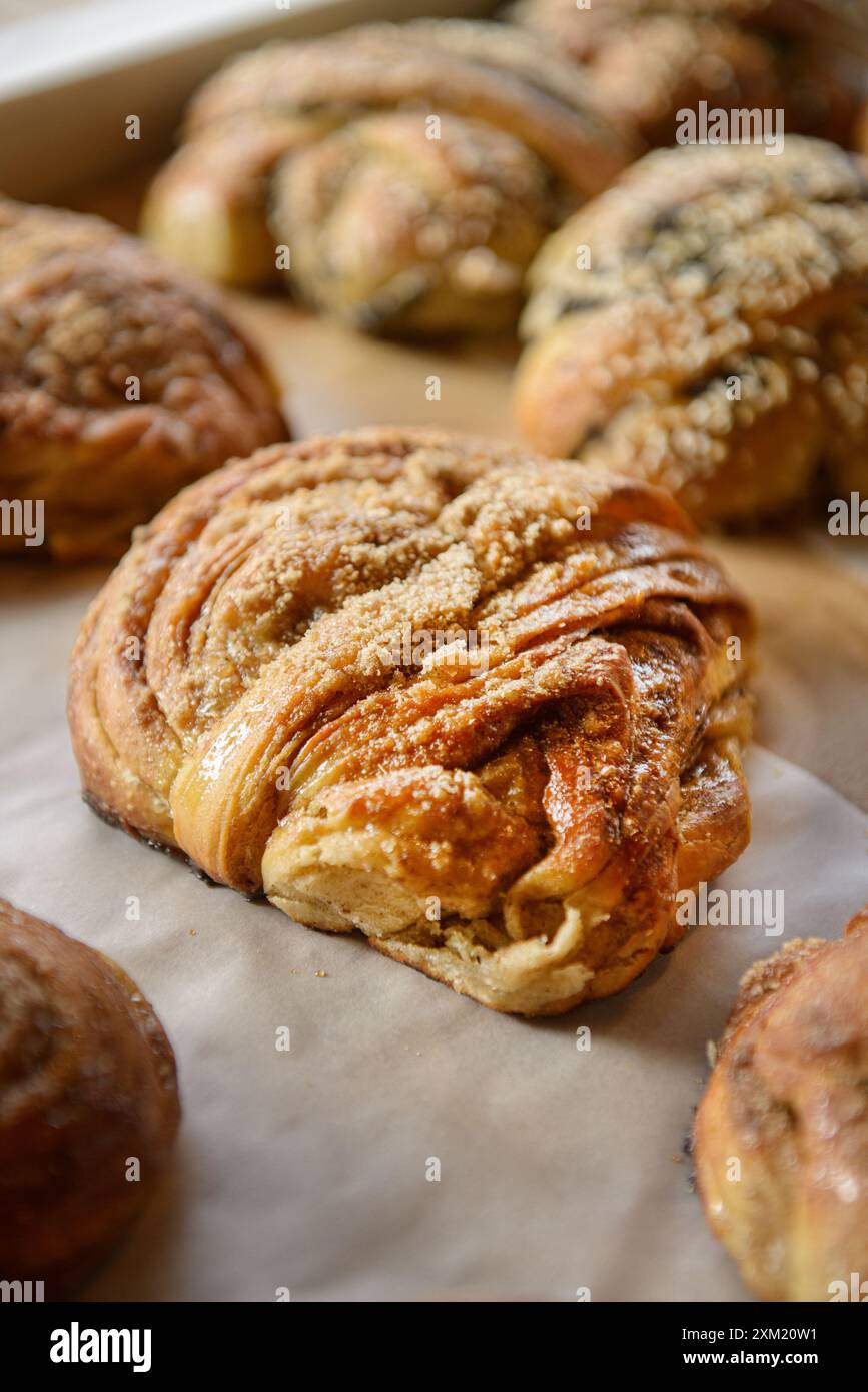 Köstliches Gebäck auf einem Bäckereitisch. Frisch gebackenes Gebäck. Stockfoto