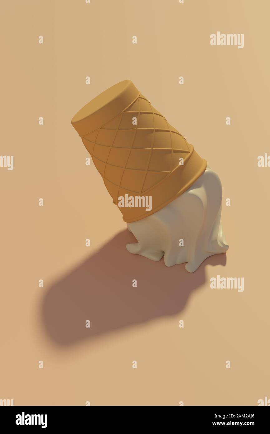 Gefallenes Vanilleeis auf gelbem Hintergrund. 3D-Abbildung. Stockfoto