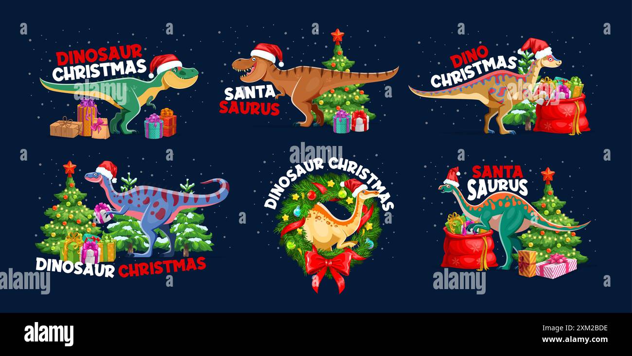 Weihnachtsgrüße für Dinosaurier. Vektor-Set von Cartoon Dino feiert Weihnachtsfeiertag. Dinosauriertiere tragen weihnachtsmützen und umgeben von dekorierten Bäumen, Stock Vektor