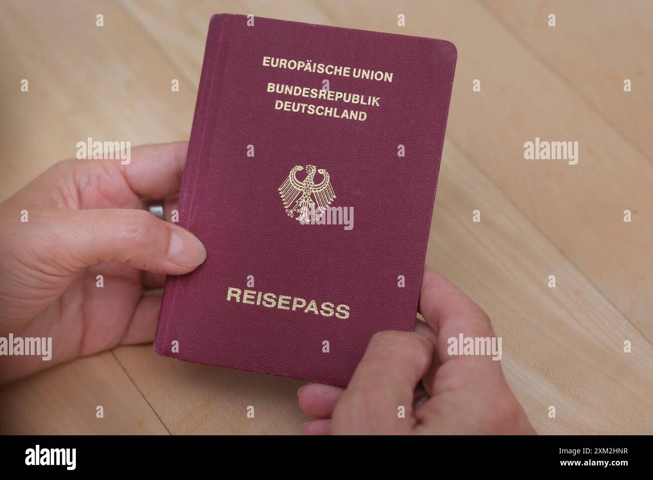 Hand hŠlt einen deutschen Reisepass *** Hand mit deutschem Reisepass Stockfoto