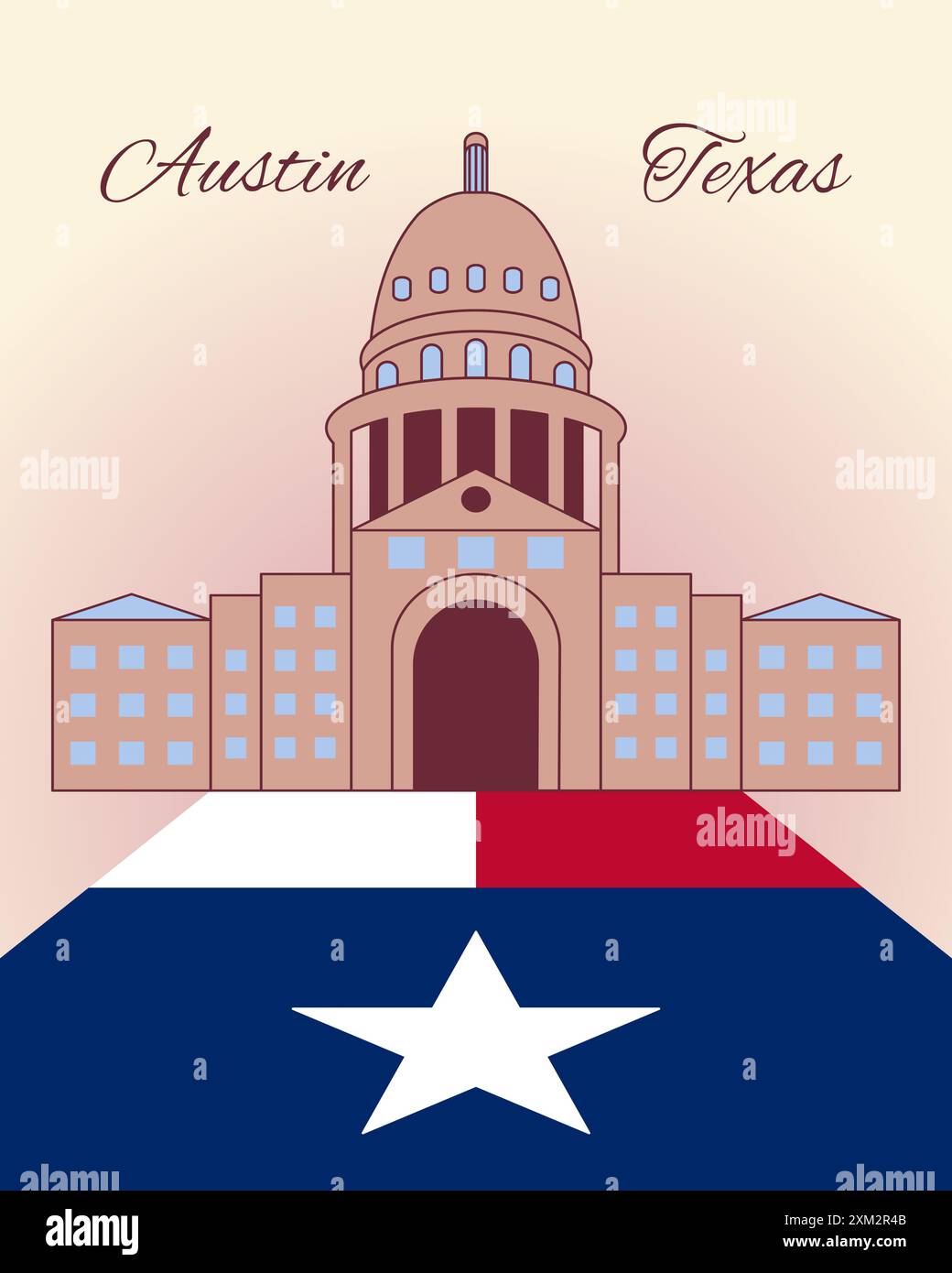 Texas State Capitol in Austin, Texas, USA. Konzeptionelles Design mit texanischer Flagge, einsamer Star-Staatsflagge. Poster, handgezeichnete Abbildung. Stockfoto