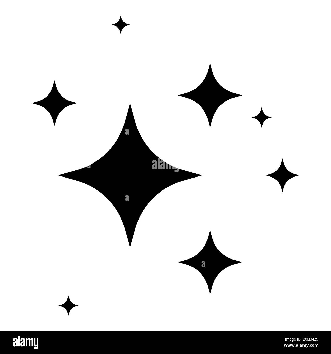 Funkelnde Sternsymbole. Schwarz-weiß. Verschiedene Größen. Vektorabbildung. Stock Vektor