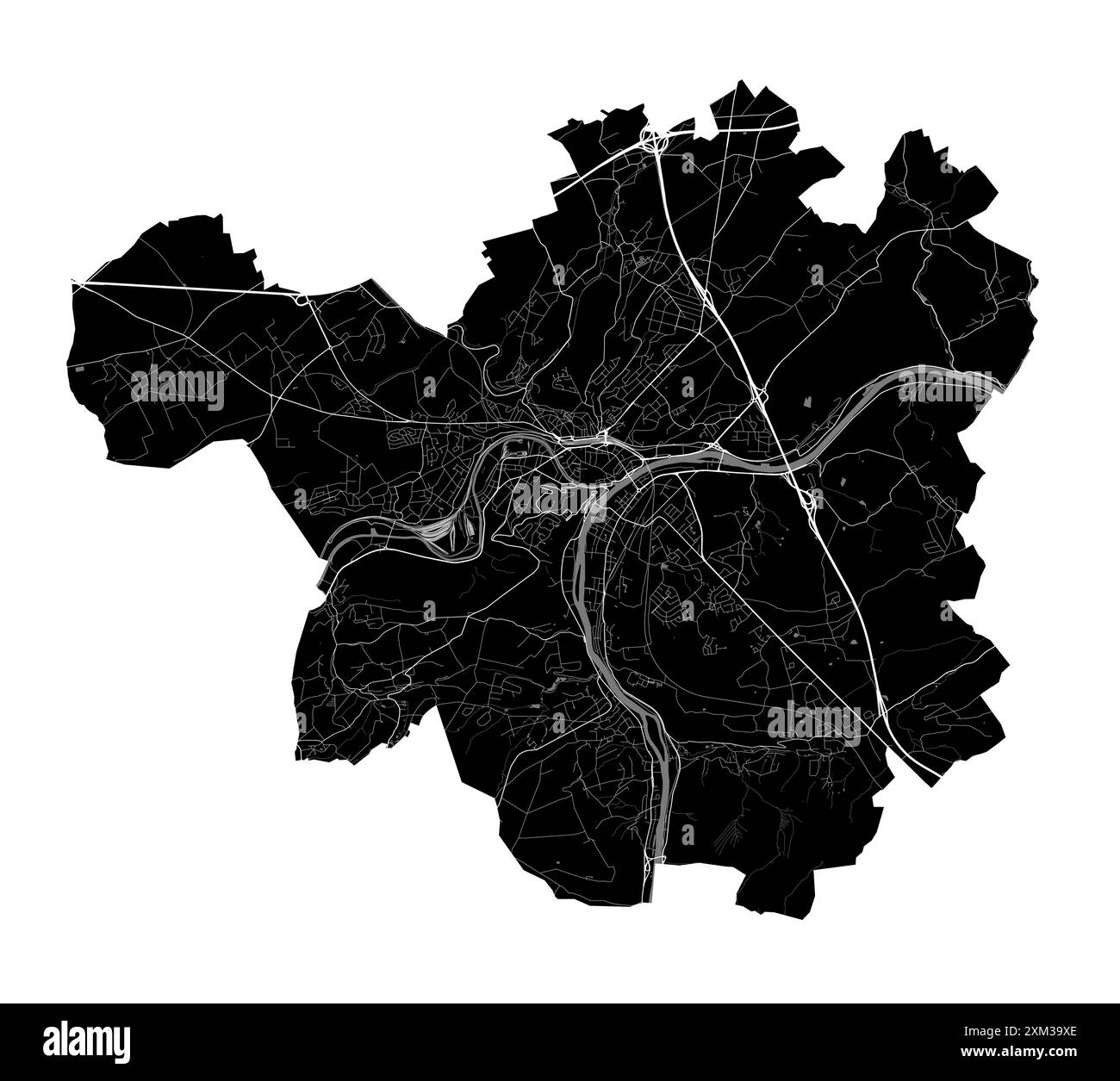 Karte von Namur, Belgien. Detaillierte Stadtvektorkarte, Metropolregion. Schwarz-weiße Straßenkarte mit Straßen und Wasser. Stock Vektor