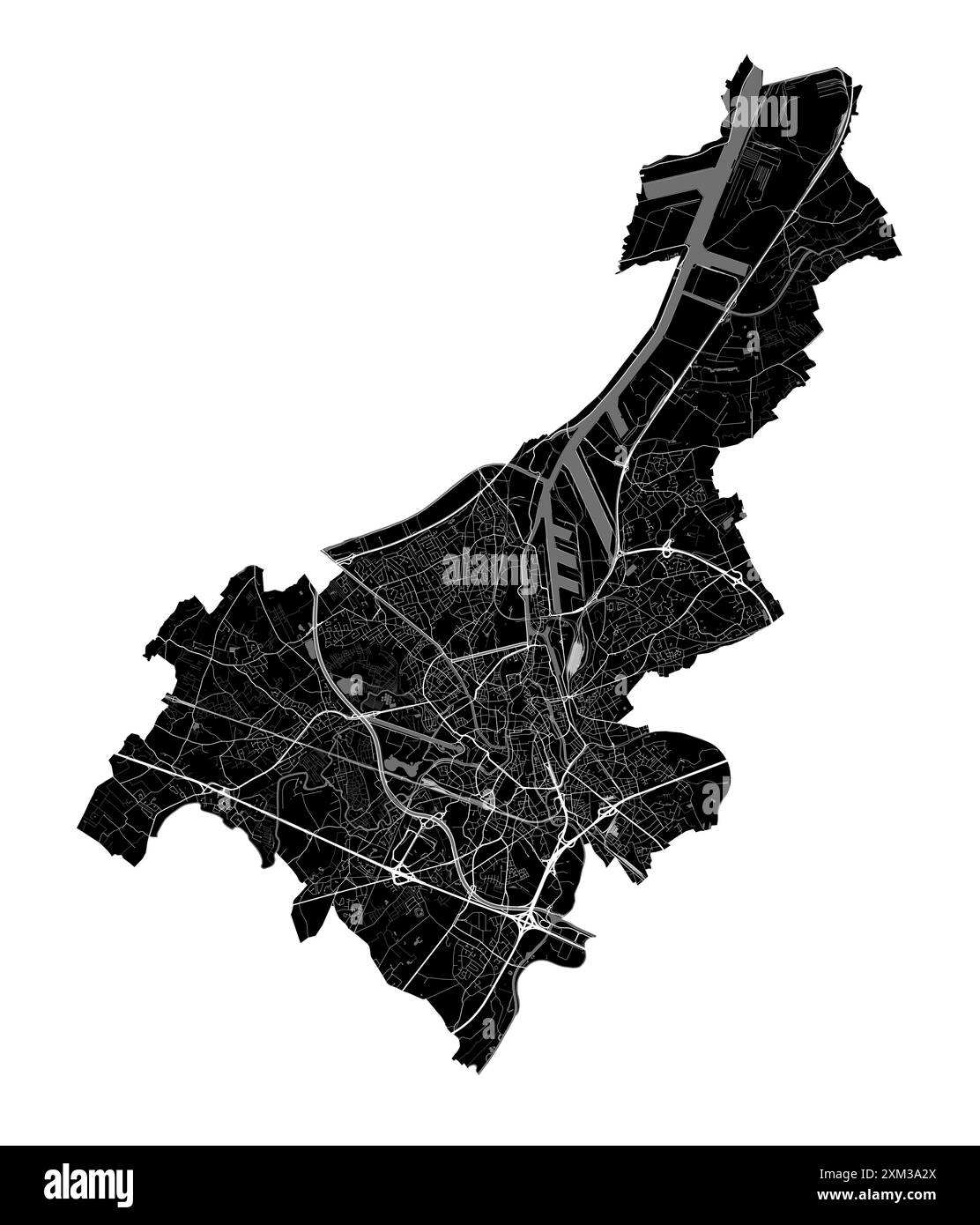 Karte von Gent, Belgien. Detaillierte Stadtvektorkarte, Metropolregion. Schwarz-weiße Straßenkarte mit Straßen und Wasser. Stock Vektor