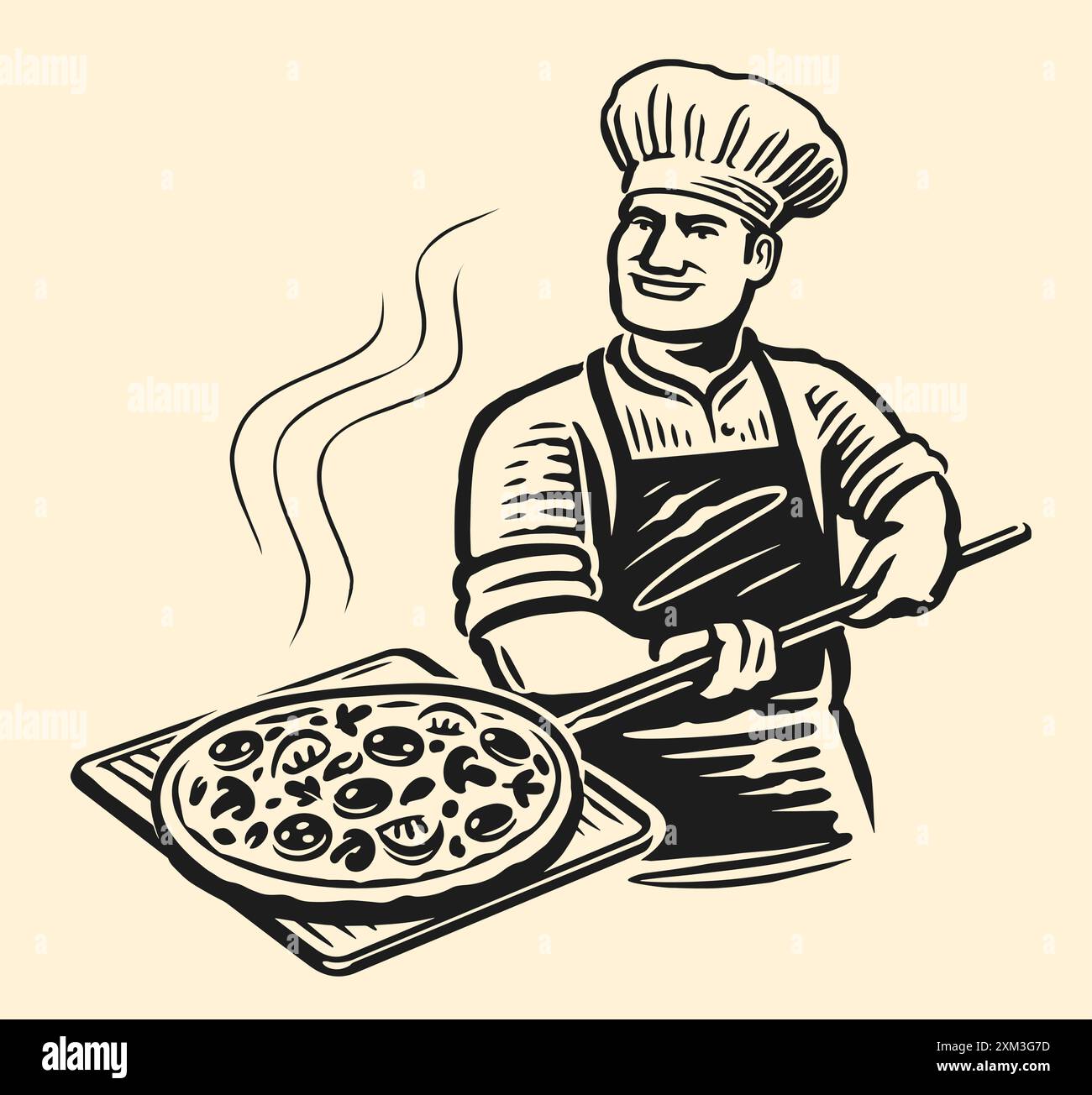 Kochen Sie mit Pizza. Küchenchef bereitet italienische Gerichte in einem Restaurant zu. Handgezeichnete Skizze Vintage Vektor Illustration Stock Vektor