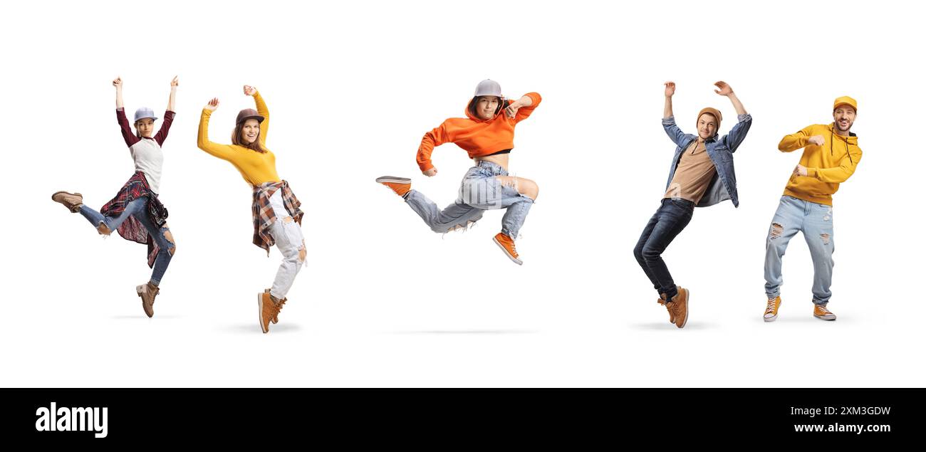 Gruppe junger Leute tanzt Breakdance isoliert auf weißem Hintergrund Stockfoto