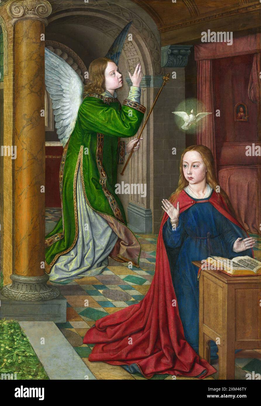 Gemälde der Verkündigung aus dem 15. Jahrhundert des niederländischen Malers Jean Hey 1495 retuschierte Kunst Kunstwerk Meisterwerk religiöse Malerei Bild mittelalterliches Öl auf Tafel Stockfoto