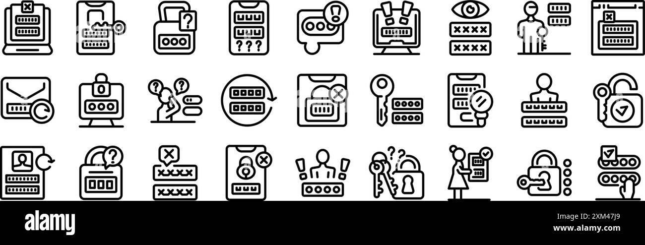 Passwörter vergessen Personen, die Passwörter verwenden, Passwörter für Web- und mobile Anwendungen, Symbole für Passwortschutz gesetzt Stock Vektor