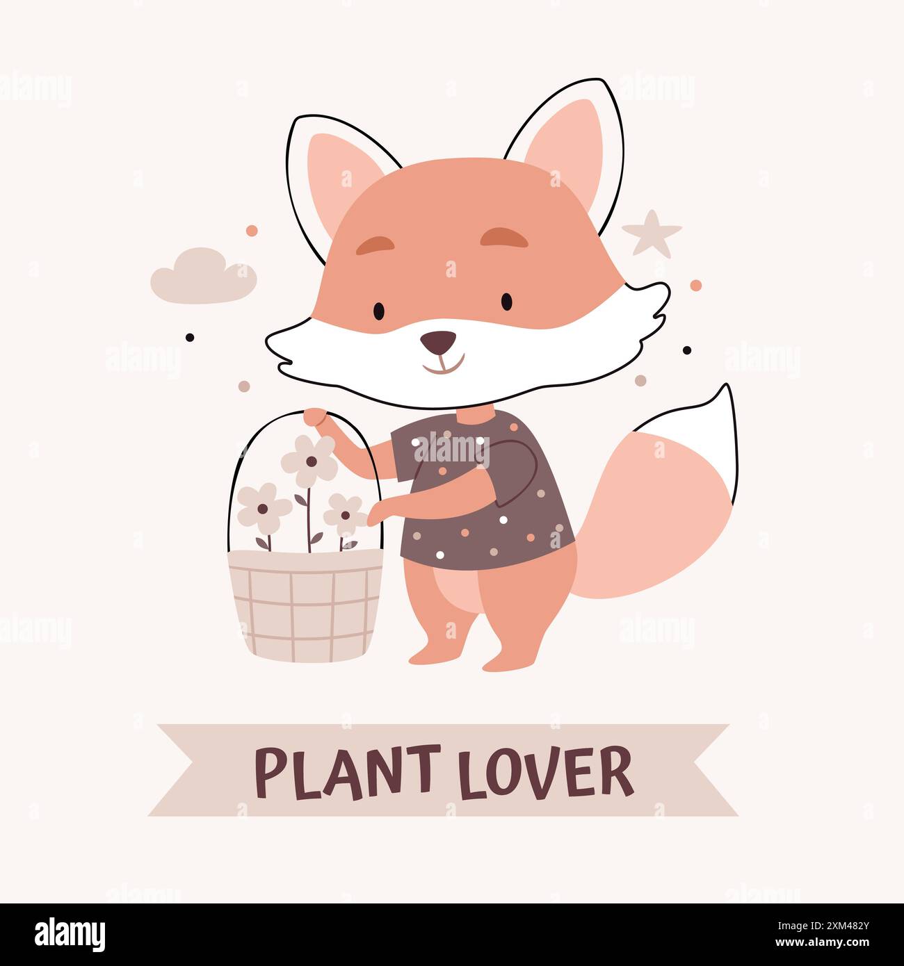 Der Fuchs tränkt die Blumen. Text. Pflanzenliebhaber. Niedliche Plakate für böhmische skandinavische Kinderzimmer in beigen und grauen Farben. Boho-Vektordruck Stock Vektor