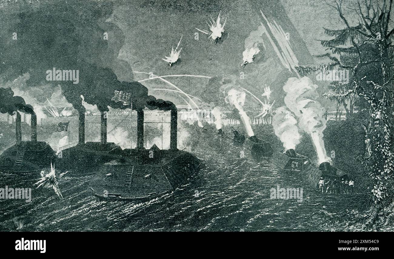 In den späten 1800er Jahren heißt es: „Bombardierung der Insel Nr. 10 mit Kanonen- und Mörserbooten auf dem Mississippi, die Festungen und Batterien auf der Insel und dem Festland angreifen“. Die Bombardierung der Insel Nr. 10 während des Amerikanischen Bürgerkriegs erfolgte zwischen dem 28. Februar und dem 8. April 1862. Andrew H. Foote, der Flaggenoffizier der Union, führte eine Flotte von sieben Kanonenbooten und Mörserflößen an, die drei Wochen lang die konföderierten Verteidiger der Insel bombardierten. Die Bombardierung erfolgte unnachgiebig, vor allem durch die Mörser, und wurde durch Hochwasser und die Fähigkeit der Union-Kanonenboote unterstützt, an den Kanonen der Konföderierten vorbei zu kommen. April Stockfoto