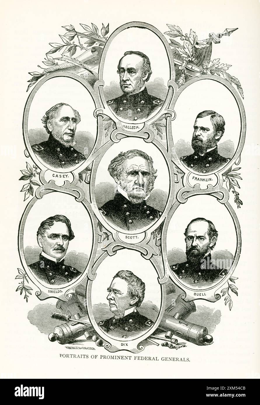 Diese Illustrationen aus den späten 1800er Jahren zeigen Porträts einiger bekannter Bundesgeneräle (auch bekannt als Union). Sie sind von oben nach unten, von links nach rechts: Halleck, Casey, Franklin, Scott, Shields, Buell und Dix. Stockfoto