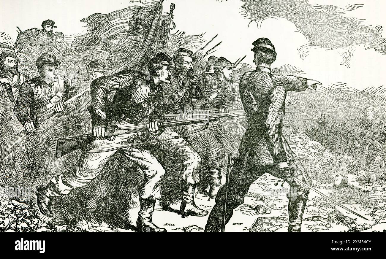 Korinth, Mississippi, war ein strategisch wichtiger Ort während des Amerikanischen Bürgerkriegs, da dort zwei der längsten Eisenbahnstrecken der Konföderation kreuzten. Nach dem Angriff der Konföderierten auf Fort Sumter im April 1861 wurde Korinth ein Einsatzgebiet für Regimenter, bevor sie in einen anderen Kampf geschickt wurden. Die Schlacht von Korinth, auch bekannt als zweite Schlacht von Korinth, fand vom 3. Bis 4. Oktober 1862 in Korinth, Mississippi statt. Die Confederate Generals Earl Van Dorn und Sterling Price führten 22.000 Mann bei einem Angriff auf die Stadt an, in der Hoffnung, den Einfluss der Union auf die Eisenbahn zu brechen und General Ulysse zu treiben Stockfoto