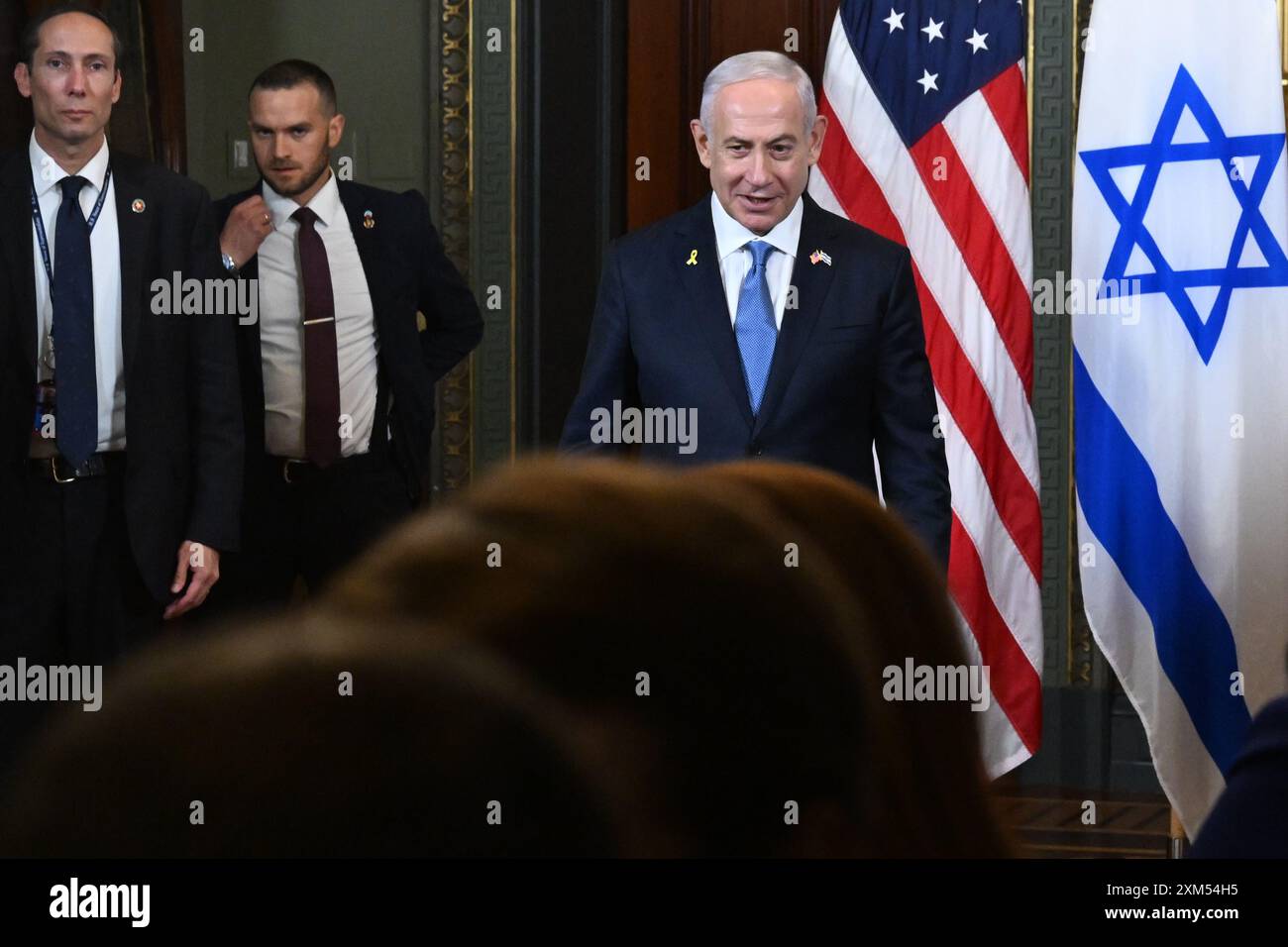 Der israelische Premierminister Benjamin Netanjahu trifft sich am 25. Juli 2024 im Weißen Haus in Washington, DC, mit US-Vizepräsidentin Kamala Harris. (Kenny Holston/Pool/SIPA USA) Credit: SIPA USA/Alamy Live News Stockfoto