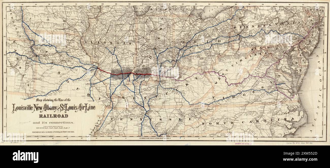 Vintage Historic Railroad Maps Map, die die Strecke der Louisville New Albany and St Louis Air Line Railroad und ihre Verbindungen zeigt. 1872 Stockfoto