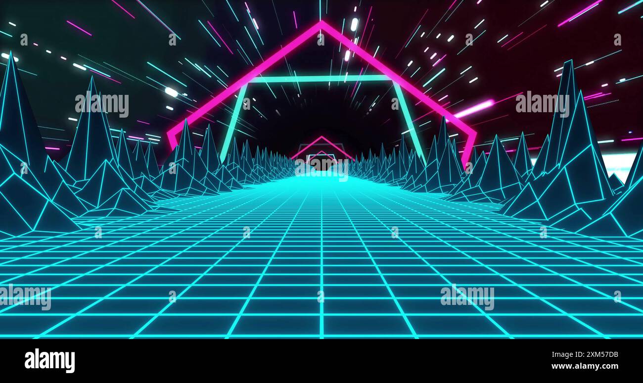 Bild des Spielbildschirms mit neonmuster auf schwarzem Hintergrund Stockfoto