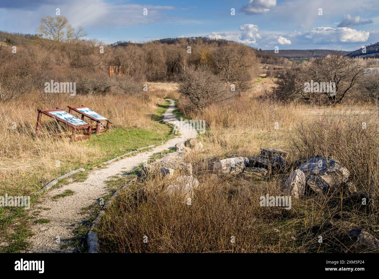 Der Wanderweg im Nationalpark Zhiguli, Russland, in der Region Samara während des malerischen, friedlichen Tages. Stockfoto