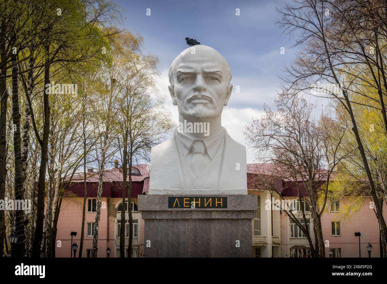 Die alte Statue von Wladimir Lenin, einem sowjetischen kommunistischen Führer (mit dem Wort "Lenin" auf Russisch) im grünen Park in der Oblast Schihulevsk, Russland, Samara Stockfoto