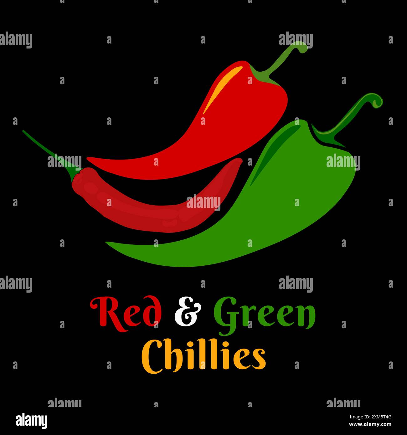 Rote und grüne frische Chilli Paprika, realistisches Design, isoliert auf schwarzem Hintergrund, Chilli Paprika Vektor Illustration Logo Icon Clip Art Stock Vektor