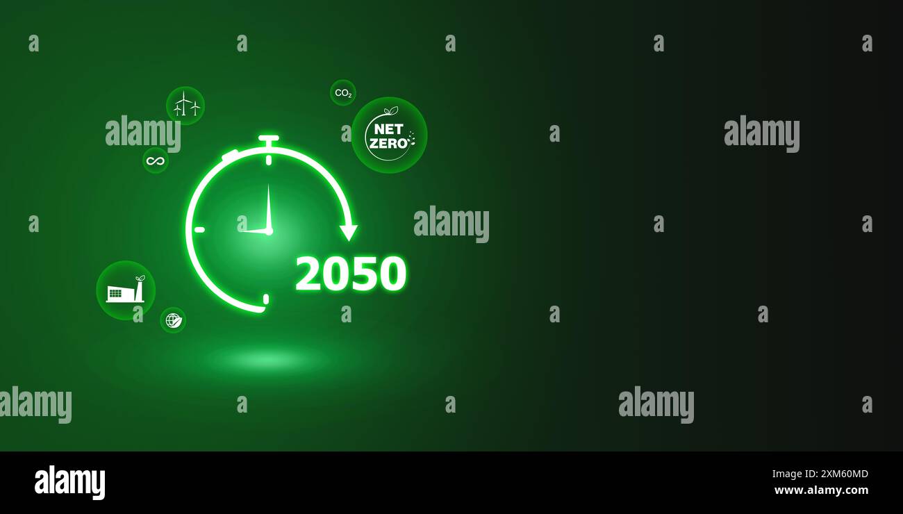 Moderner grüner Design-Hintergrund zur Reduzierung der co2-emissionen bis 2050, grüner abstrakter Hintergrund zur Darstellung der ökologischen Nachhaltigkeit, grüner abstrakter Hintergrund Stockfoto