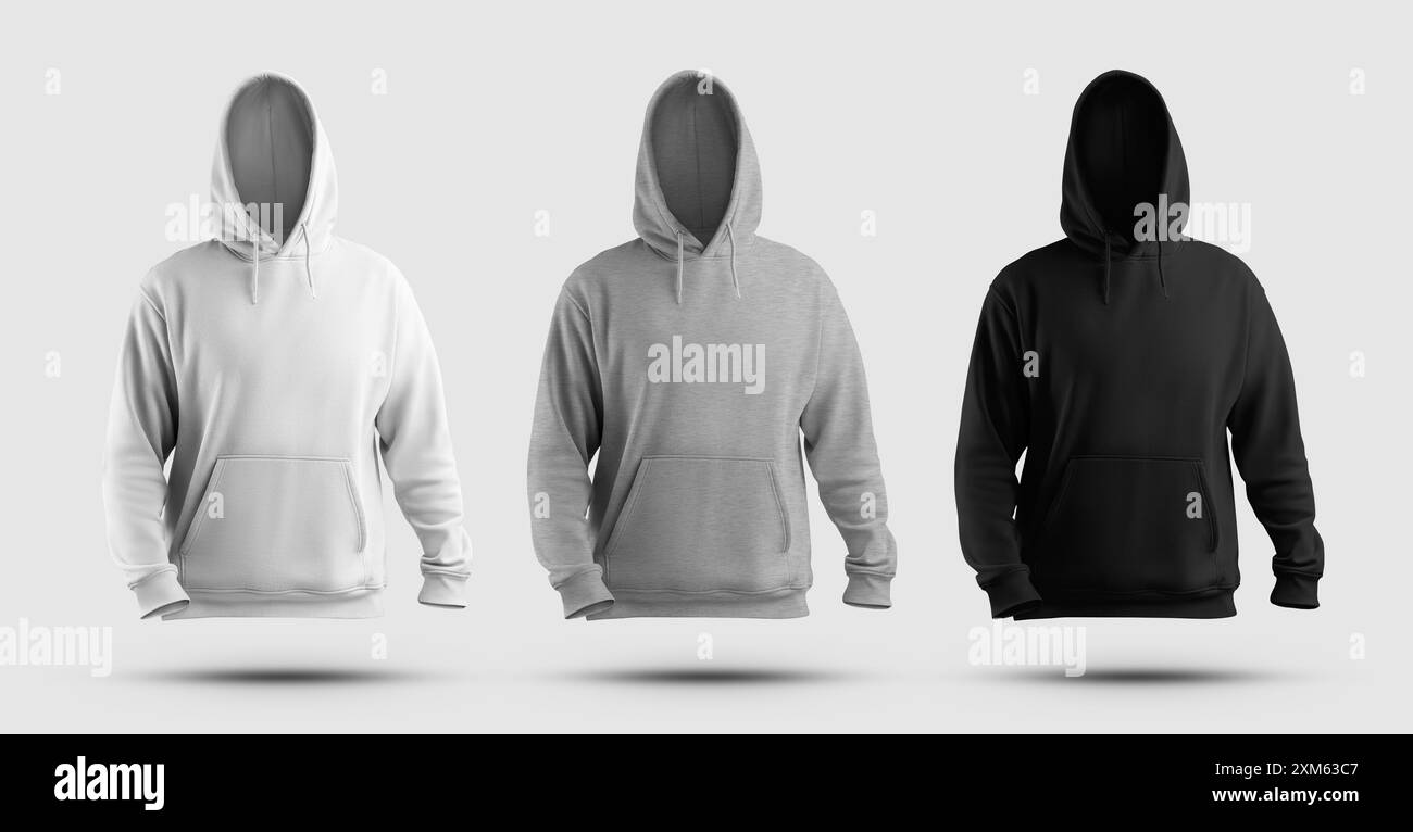 Modell aus weißem, schwarzem, extragroßem Hoodie mit Kapuze und großem Kapuzenpullover, 3D-Rendering vorne, Designset für Herrenbekleidung, Branding. Stilvoll Stockfoto