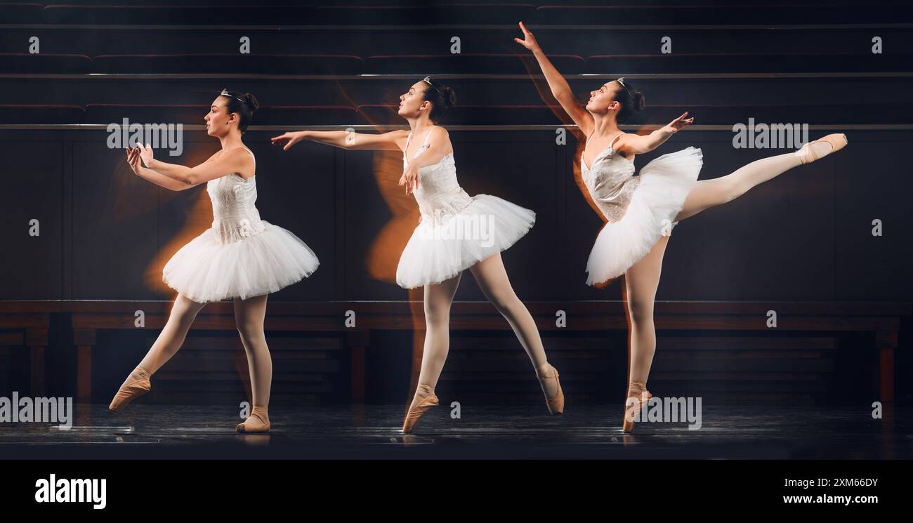 Ballerina, Bühne und Gruppe von Frauen, die gemeinsam in der Halle kreatives Handwerk, Schauspiel und Leidenschaft tanzen. Show, Theater oder Mädchen mit Eleganz, Selbstvertrauen und Stockfoto