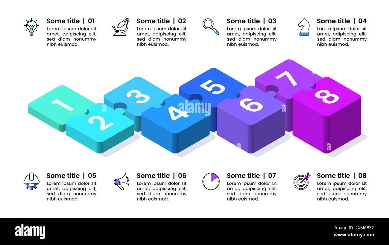 Infografik-Vorlage mit Symbolen und 8 Optionen oder Schritten. Isometrisches Puzzle. Kann für Workflow-Layout, Diagramm, Banner und Webdesign verwendet werden. Vektorillustra Stock Vektor