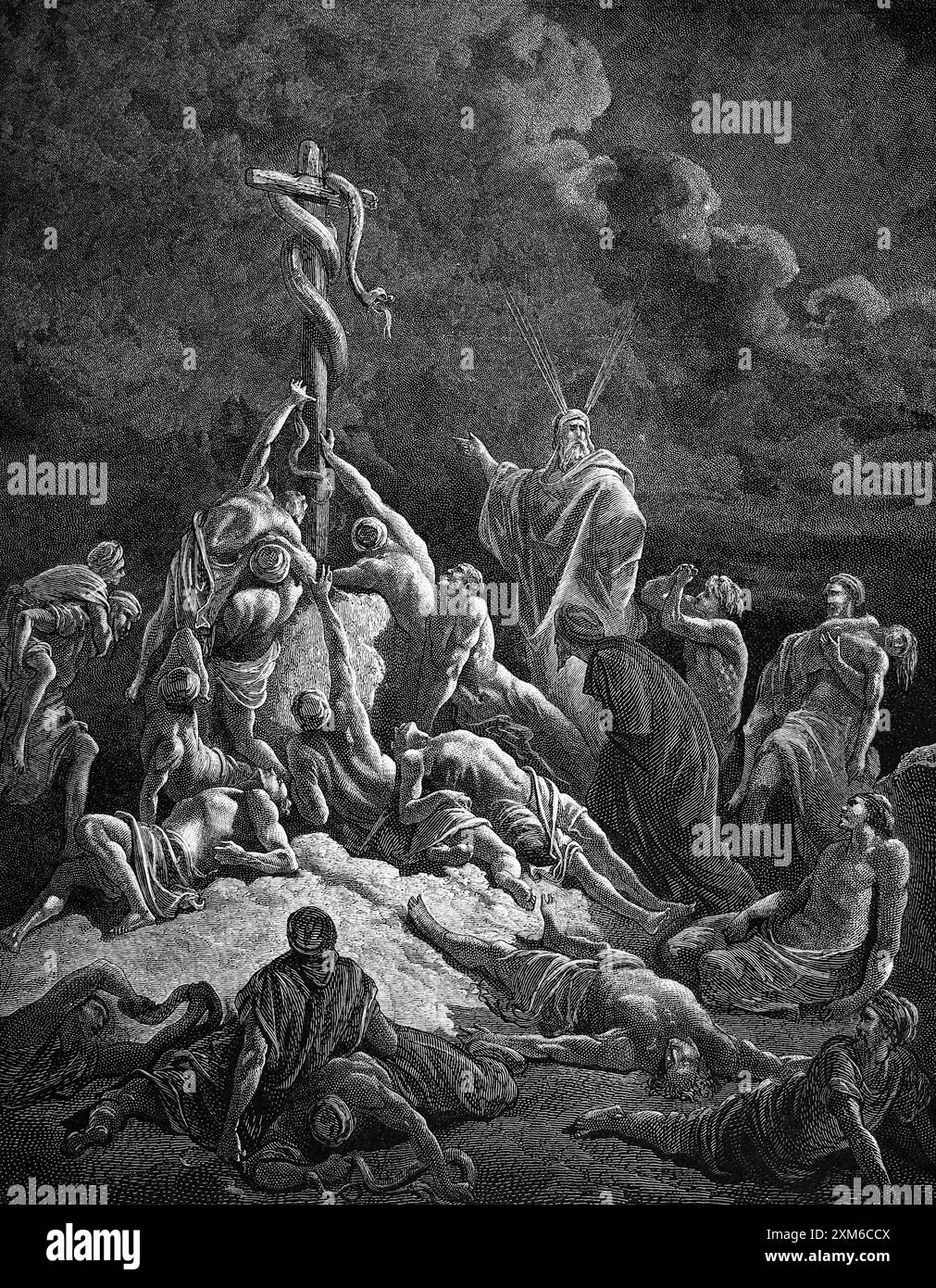 Holzgravierung der Brazner Schlange - Moses hielt die Schlange, damit die Israeliten, die sie sahen, vor dem Sterben vor den feurigen Schlangen Numbe geschützt wurden Stockfoto