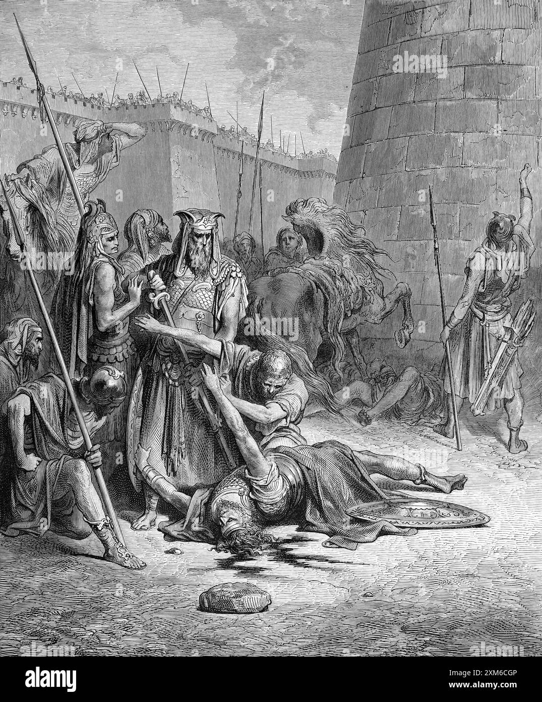 Holzgravierung des Todes von Abimlech Richter 9:52-52 von Gustave Dore - bei der Belagerung der Stadt Thebez schleuderte eine Frau einen Runner Stein von dem herab Stockfoto