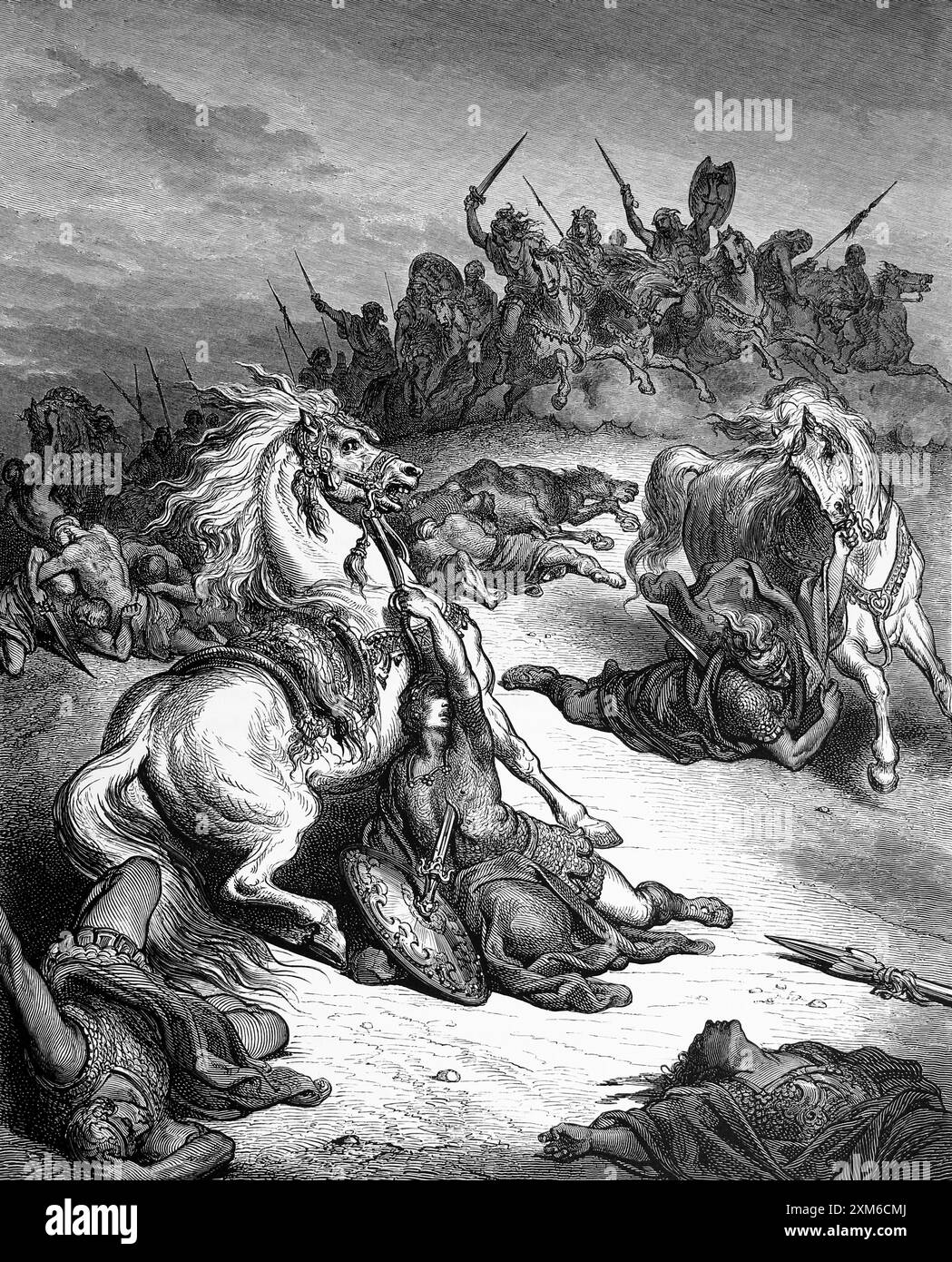 Holzgravierung des Todes Sauls von Gustave Dore 1 Samuel 31:5-6 in der Schlacht gegen die Philister König Saul wurde verwundet und als nicht Captu Stockfoto