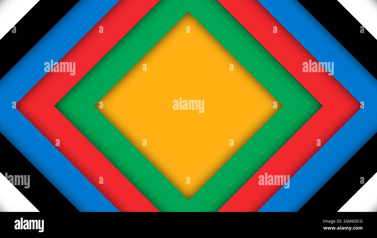 Abstrakter farbiger Hintergrund für die Olympischen Spiele. Geometrische Formen in olympischen Farben - Rot, Grün, Orange, Blau, Schwarz und weiß. Vektorflagge für spo Stock Vektor
