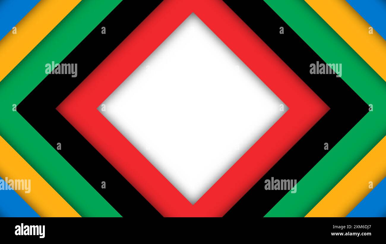Abstrakter farbiger Hintergrund für die Olympischen Spiele. Geometrische Formen in olympischen Farben - Rot, Grün, Orange, Blau, Schwarz und weiß. Vektorflagge für spo Stock Vektor