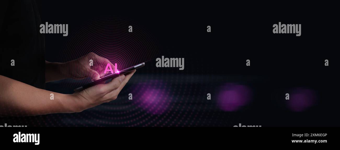 Person, die ein digitales Tablet mit einem leuchtenden KI-Symbol auf dem Bildschirm verwendet, das das Konzept der künstlichen Intelligenz und Technologie unterstreicht Stockfoto
