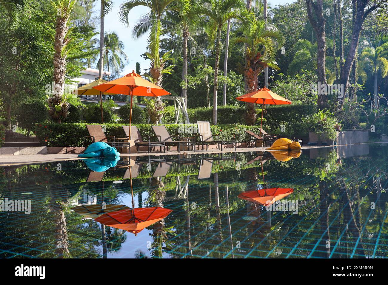 Tropischer Urlaub, Swimmingpool mit Sonnenschirmen und Liegestühlen umgeben von Palmen. Urlaub im Paradies Garten, Strandresort Stockfoto