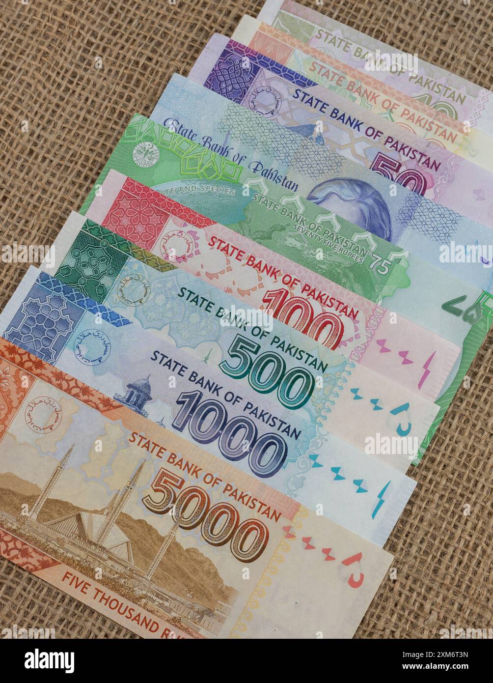 Pakistan Banknoten mit unterschiedlichen Stückelungen vom niedrigsten bis zum höchsten Wert in Nahaufnahme. Stockfoto