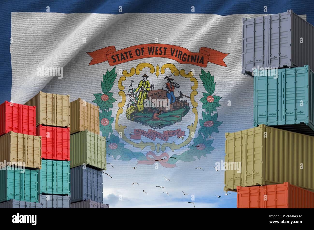 West Virginia US-Bundesflagge und großer Stapel Frachtcontainer in Docks mit Himmelshintergrund aus nächster Nähe Stockfoto