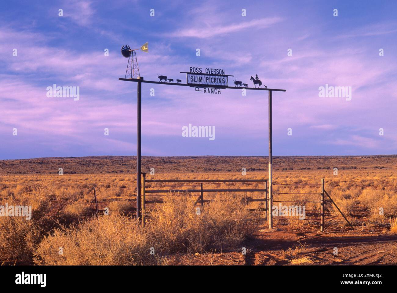 Schmiedeeisernes Ranch-Tor in der Nähe der Stadt St Johns in der Nähe des Petrified Forest National Park im Apache County, Arizona, USA Stockfoto