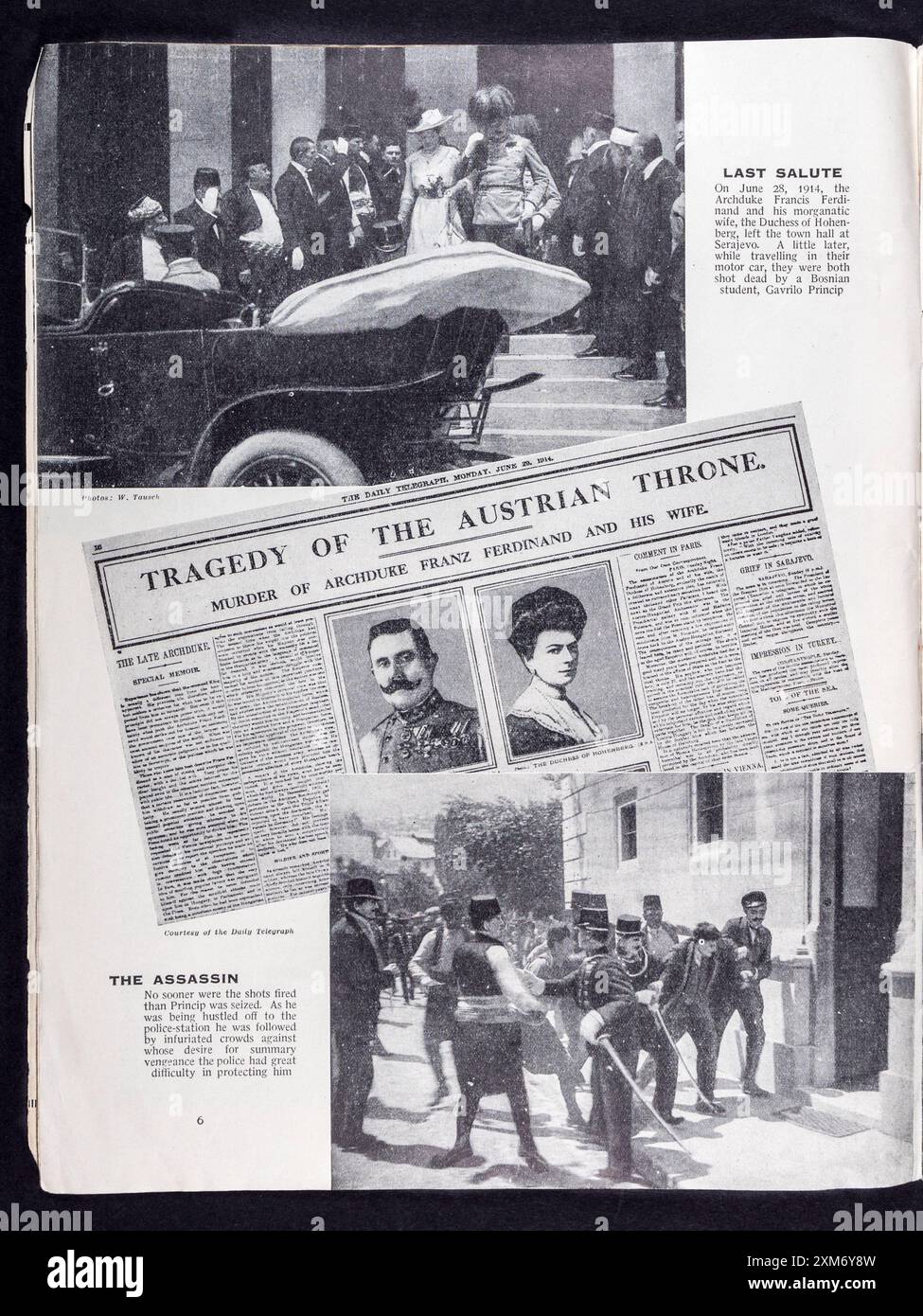 Artikel und Fotos über die Ermordung von Erzherzog Franz Ferdinand in Teil 1 des Ersten Weltkriegs 1914-1918, Einer Zeitschrift für Bildgeschichte. Stockfoto