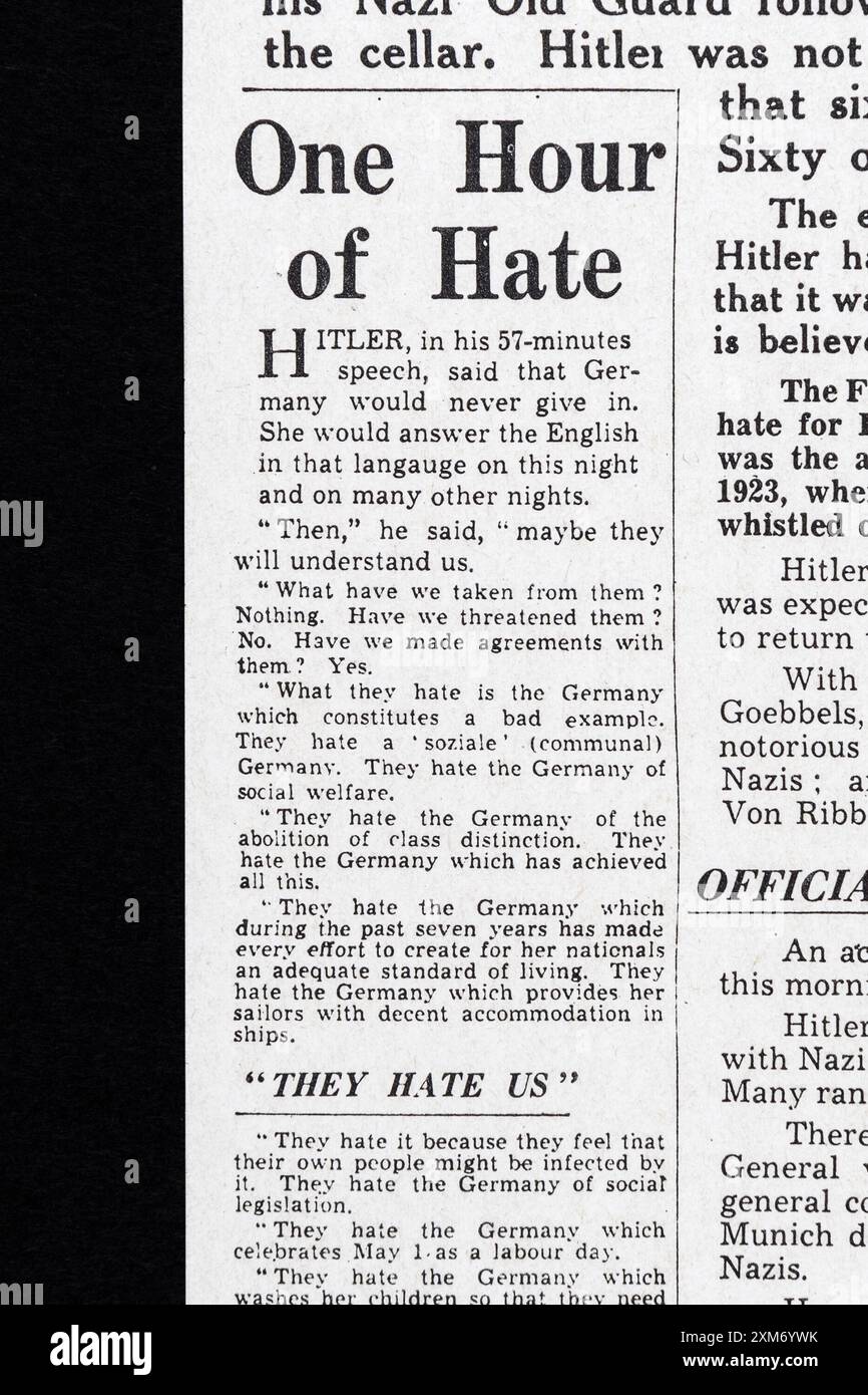 „One Hour of Hate“-Schlagzeile auf der Titelseite der Daily Mail (Replik) am 9. November 1939, kurz vor Beginn des Zweiten Weltkriegs. Stockfoto