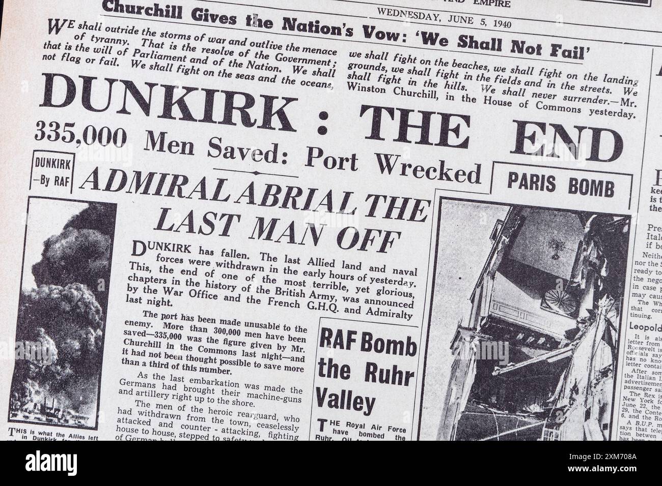 „Dunkirk: Das Ende“ auf der Titelseite der Daily Mail (Replica), 5. Juni 1940, nach der Evakuierung von Dunkirk. Stockfoto