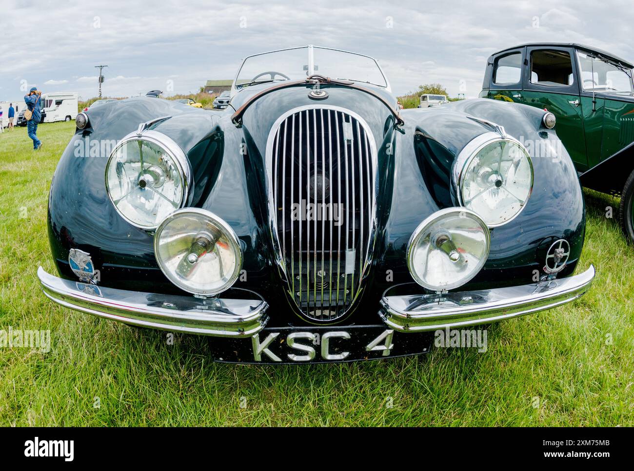 Jaguar XK 120 Roadster in British Racing Green und braunen Ledersitzen, Armaturenbrett. Stockfoto