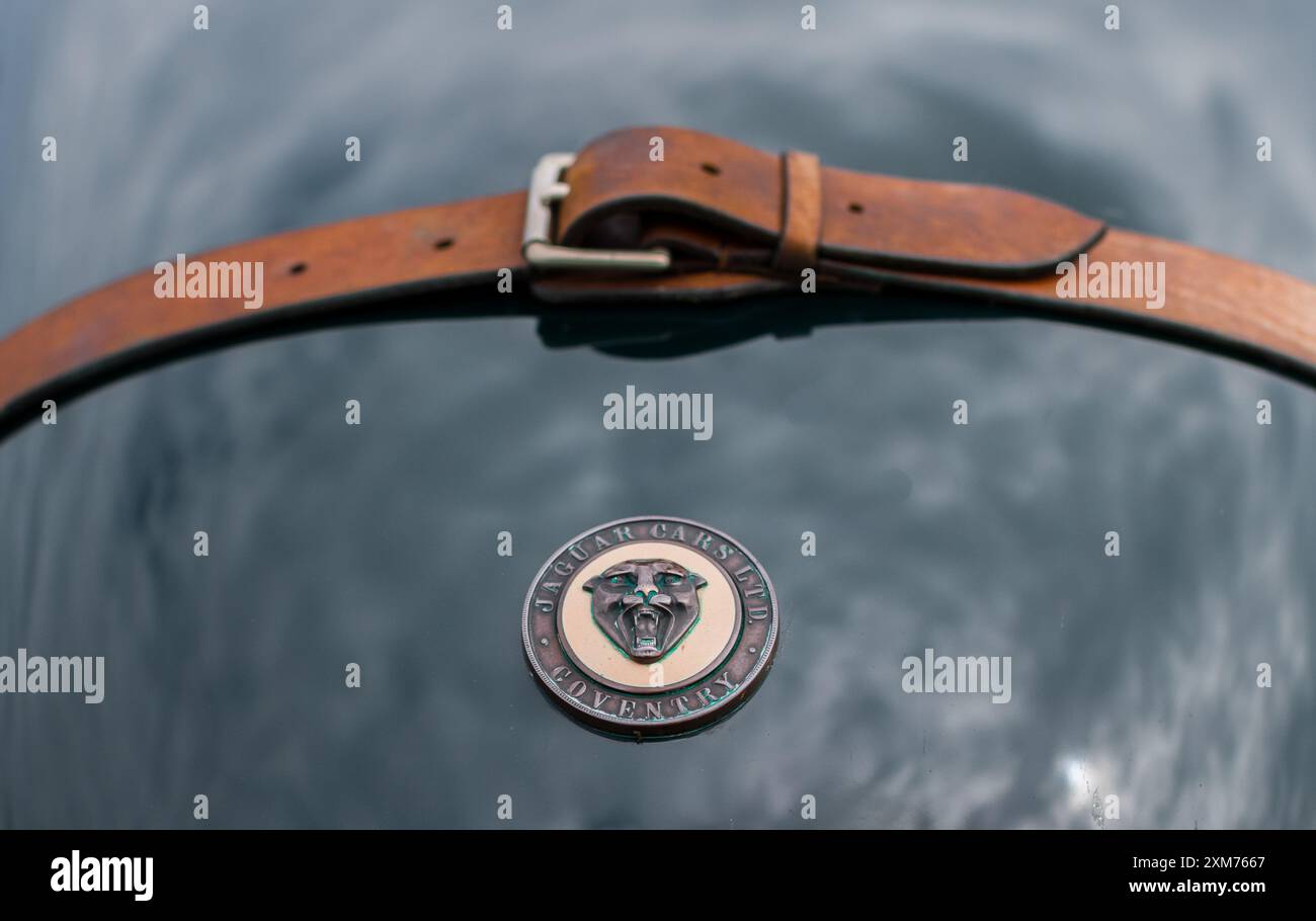 Jaguar XK 120 Roadster in British Racing Green und braunen Ledersitzen, Armaturenbrett. Stockfoto