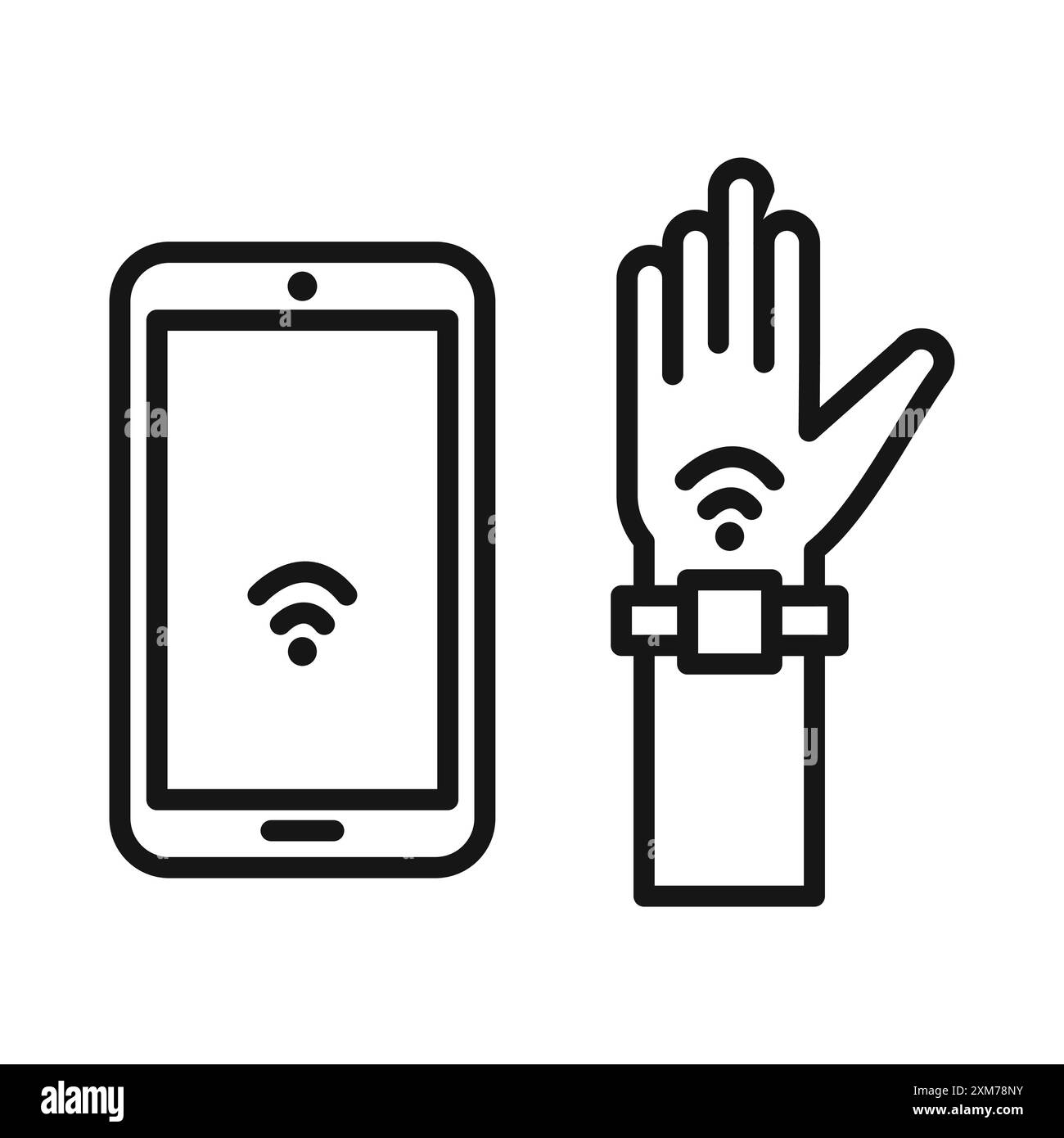 NFC Armband Connected Icon Black Line Art Vektor in schwarz-weiß Umrissset Collection Zeichen Stock Vektor