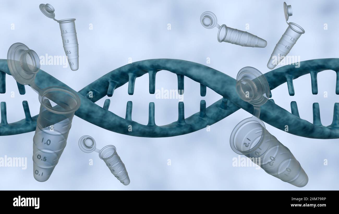 3D-Rendering von Eppendorf-Röhrchen wird häufig in der Forschung zur Speicherung und Reinigung von DNA verwendet. Stockfoto