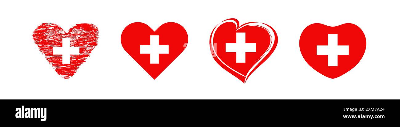 Set aus kreativen Herzformen mit Flagge der Schweiz. Sammlung von Schweizer Ikonen. Isolierte Vorlage für Sport- oder Reiseunternehmen. Feiertagsemblem. Hap Stock Vektor